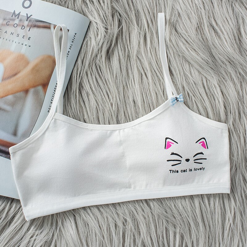 Girl Bra Cartoon Cat Pattern Vest Base Tube Top Cotton Wireless Comfort Bra Sports Bra 8-16 Years Old Training Bra