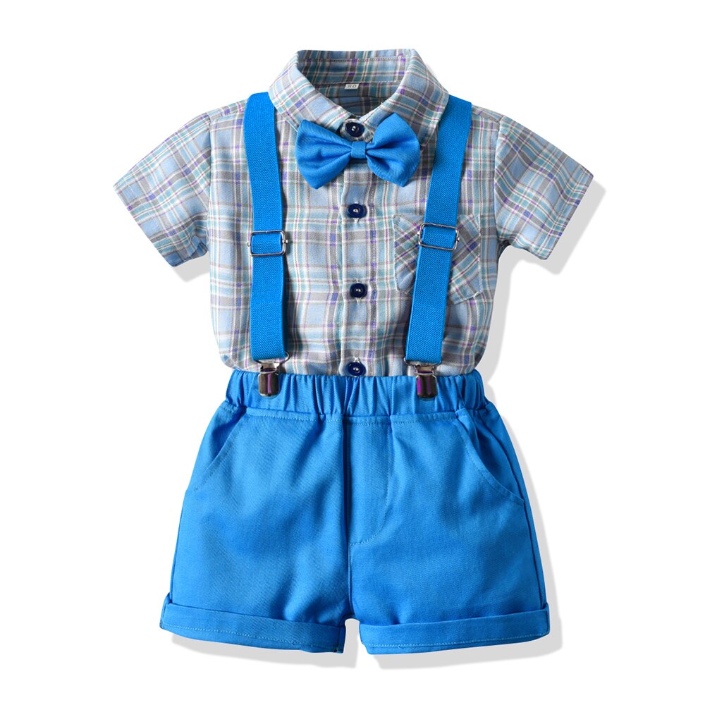 Top en top kinderkledingset jongens katoenen geruite top + jarretels korte broek kleding pak kinderfeestkleding kostuums bebes
