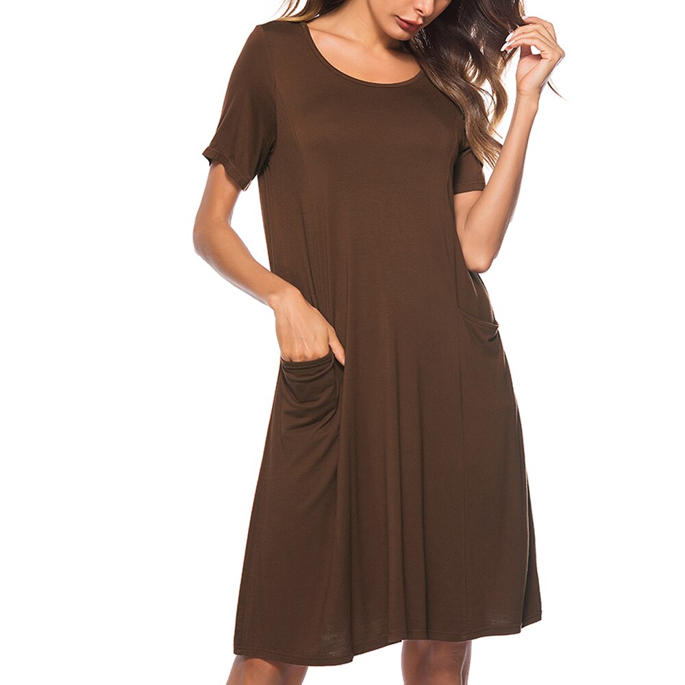 Nice-forever Summer Pure Color with Pocket Dresses Casual Straight Loose Shift Women Dress T027