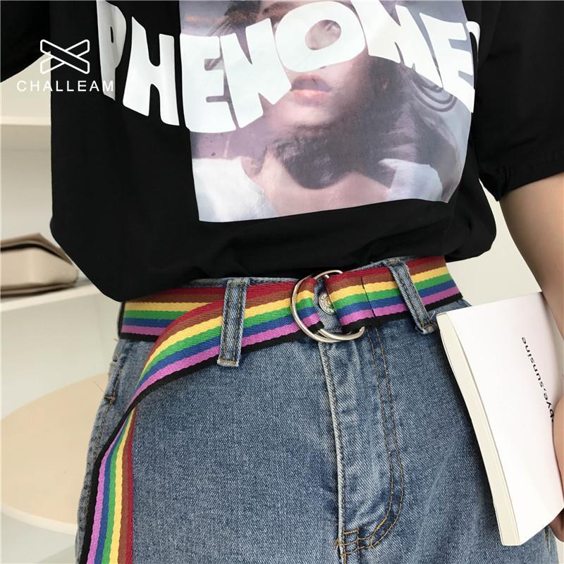 Frauen Leinwand Regenbogen Gürtel Weibliche Bunte Doppel D Ring Schnalle Hosen Jeans Lange Gürtel Damen Schüler gewebte gestreift Gurt 264