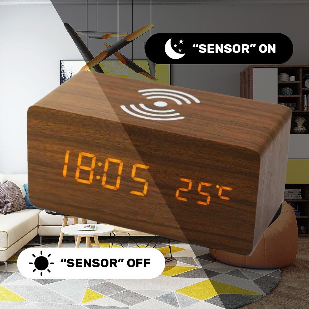 LED Electric Alarm Clock Wood Digital Desk Clock Thermometer Qi Wireless Charger Wireless Charging Pad Station With Date Display