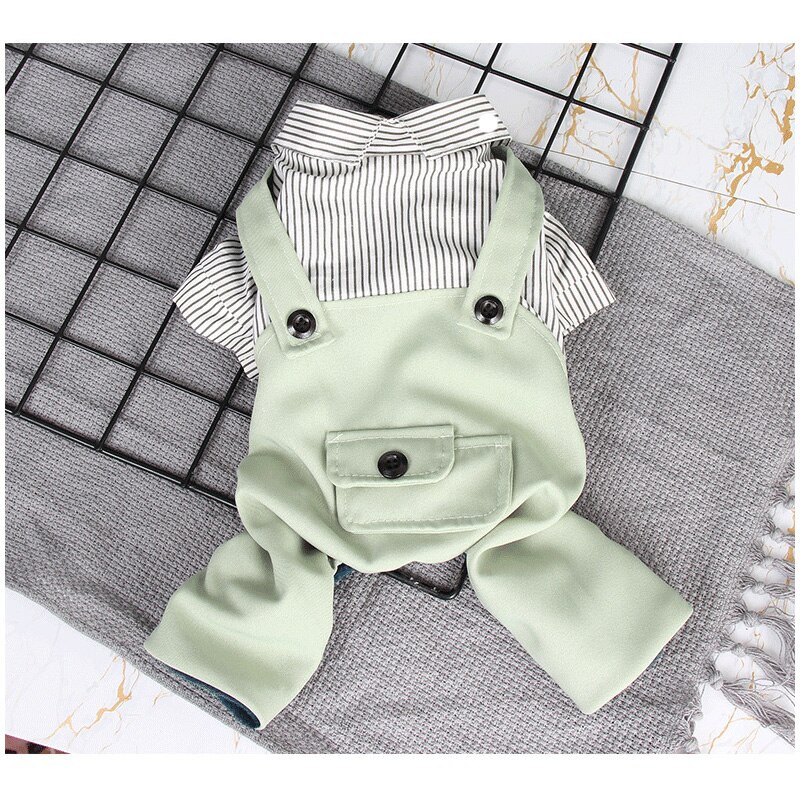 Dog Clothes for Small Dogs for Autumn and Winter Four Feet with Velvet Striped Suspers Pet Clothing Fresh Preppy Style: GREEN / XL