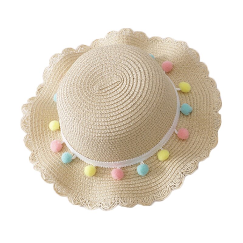 Hoed Tas Set Golvend Stro Hoeden Gekleurde Ballen Cap Enkele Schoudertas voor Kinderen Lente Zomer Strand LMH66: Beige