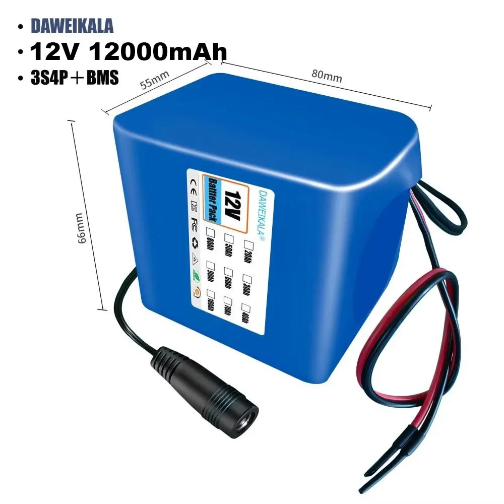 12V 3S1P 3S3P 3S8P 3S12P 30000mAh Battery Pack 18650 Lithium-ion Rechargeable Battery DC for 12V Tools Camping Equipment+BMS: SKY BLUE