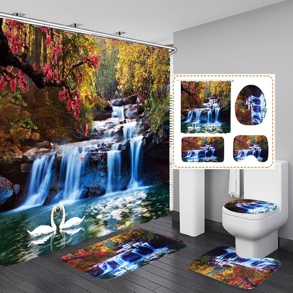 Coastal Strand Landschap Gedrukt Patroon Douchegordijn Voetstuk Tapijt Deksel Wc Cover Mat Badmat Set Badkamer Gordijnen Met Haken: B 4PCS