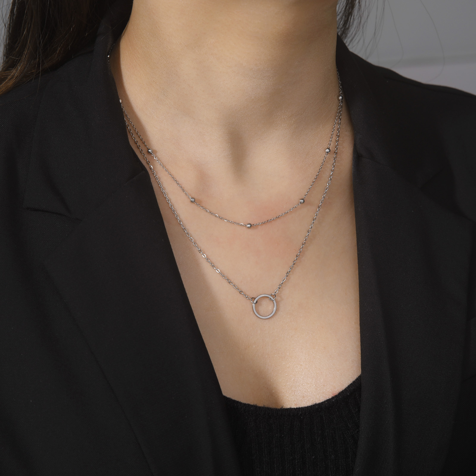 Teamer-Cadena de doble cuenta para mujer, collar con colgante de círculo hueco, Color dorado, collares simples populares de acero inoxidable, joyería