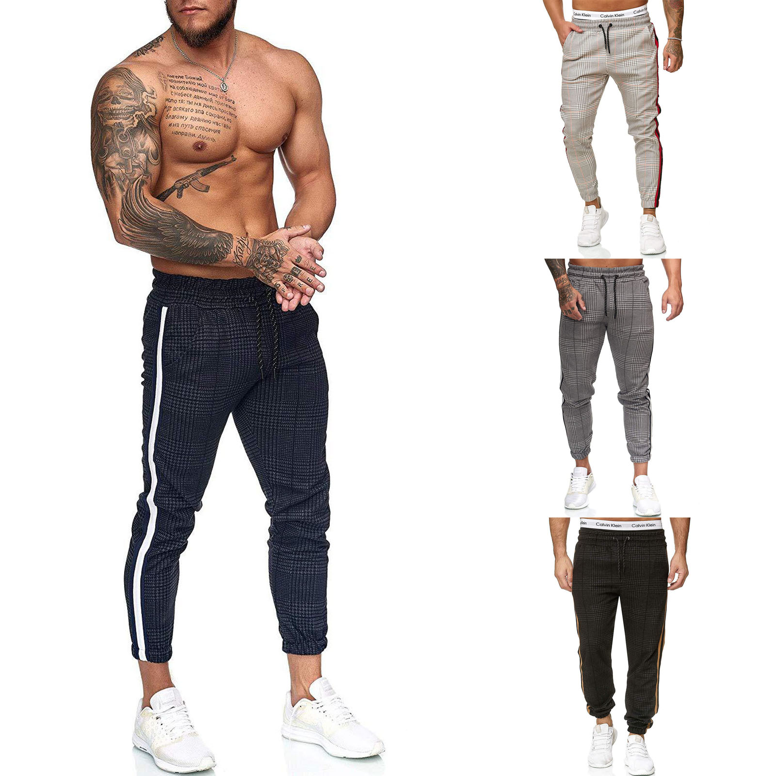 Pantalones deportivos con estampado a cuadros para hombre, pantalón largo de cintura media con cordón y bolsillos, para primavera y otoño