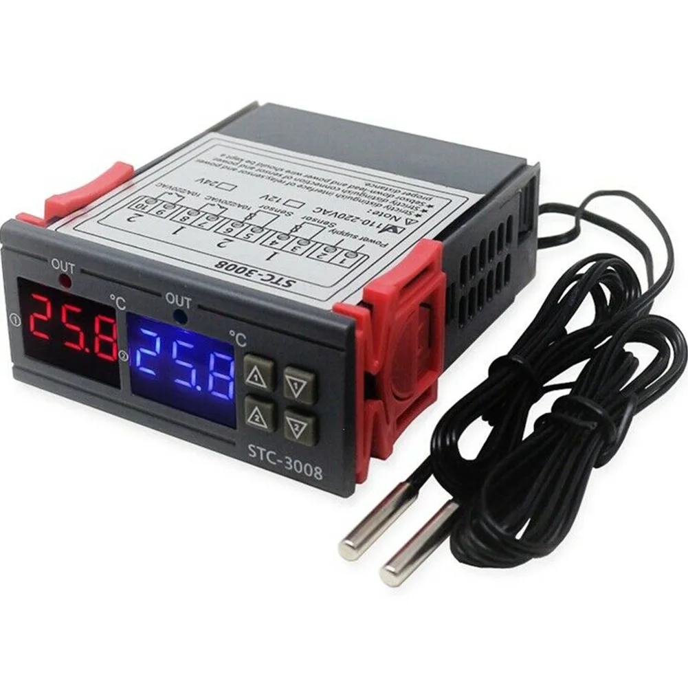 Controlador de temperatura Digital Dual STC-3008, calentador de termostato de dos salidas de relé con sonda de 12V, 24V, 220V, calor frío para refrigerador doméstico