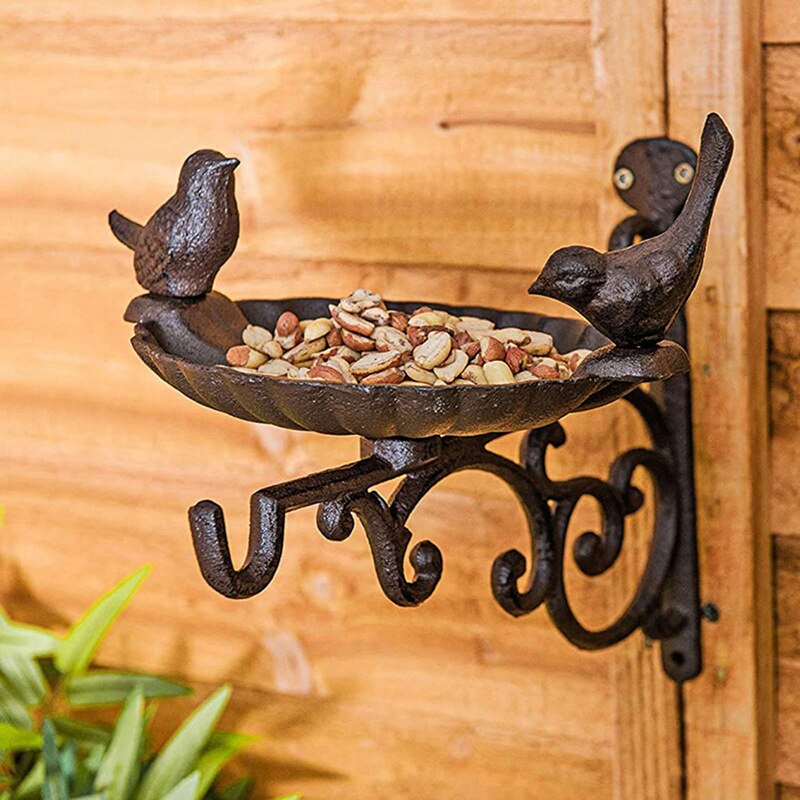 Bird Bath/Feeder With Wall Bracket Outdoor Garden Cast Iron Hanging Basket Bird Bath Wall Mounted Hook Bracket