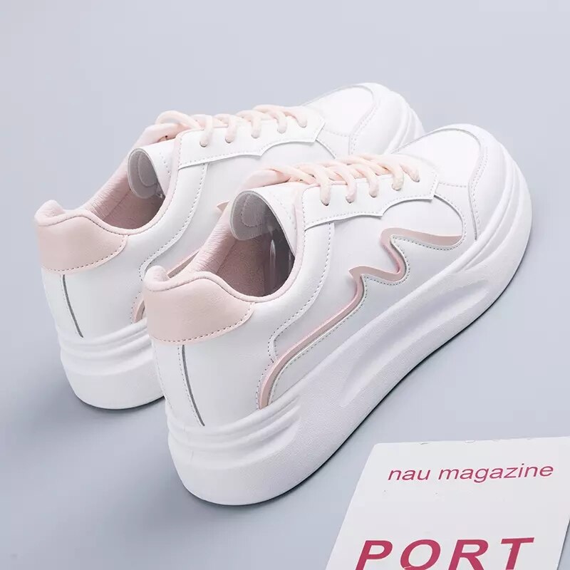 Hvide tennissko til kvinder sneakers kvinder tennissko zapatillas mujer light platform sko højde stigende 4cm: Lyserød / 7.5