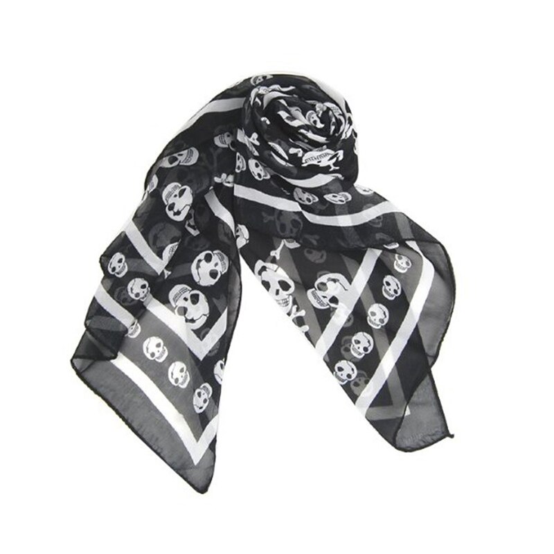 Sort chiffon silke følelse kranium print langt tørklæde sjal scaf wrap til kvinder + nøglering