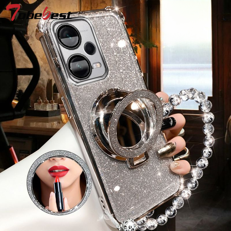 Étui pour Xiaomi Poco X5 Pro 5G, résistant aux chocs, placage de paillettes, Bracelet en cristal, miroir Magsafe, support de téléphone: Néoprène / Argent