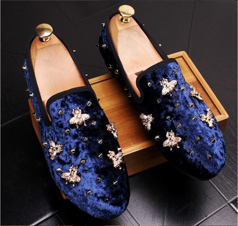 Gold Top and Metal Toe Men Velvet Dress shoes italian mens dress shoes Handmade Loafers: Blue / 43