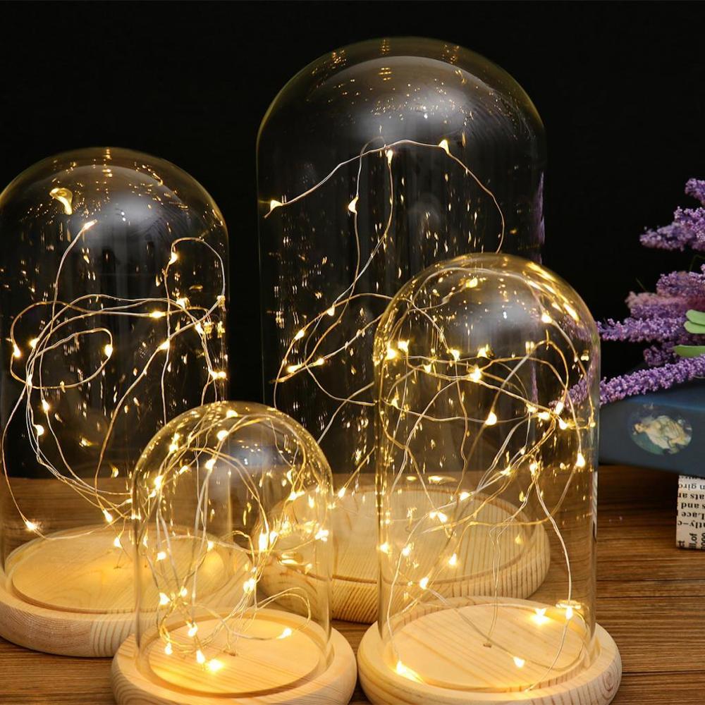 Luces LED con batería, Base de madera, campana de cristal transparente, decoración de mesa, planta, florero, contenedor, paisaje DIY en miniatura