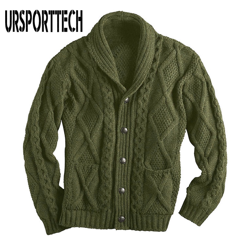 100%  irländsk merinoull aran button herrtröja höst vinter kofta tröja slim fit varm stickad tröja kappa
