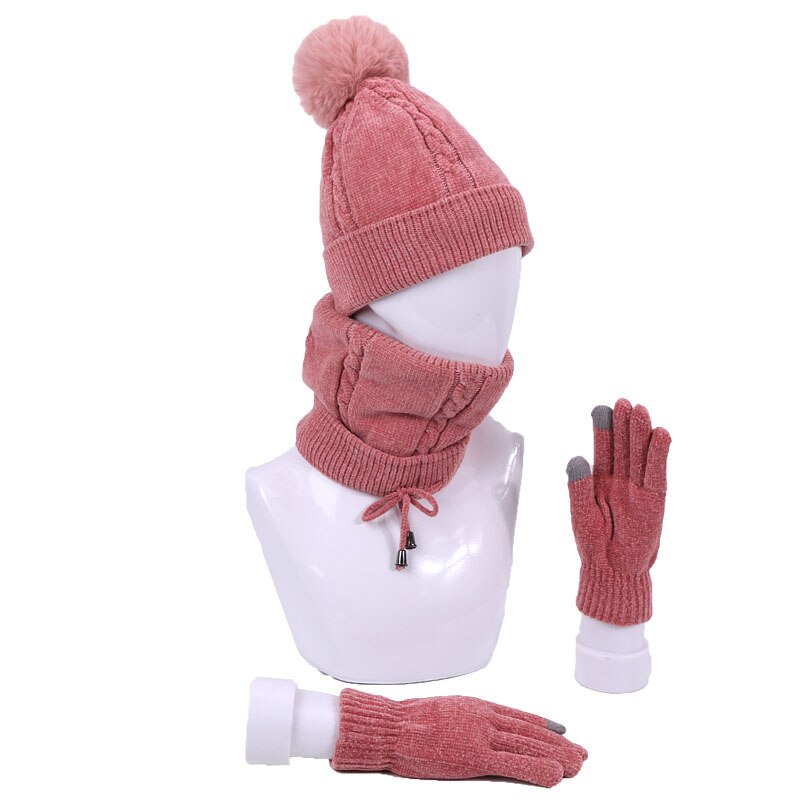 Winter dames muts met pompon, sjaal en handschoenen, warme zachte gebreide outdoor gehaakte skimuts met dikke voering, chenille zachte mutsset: F