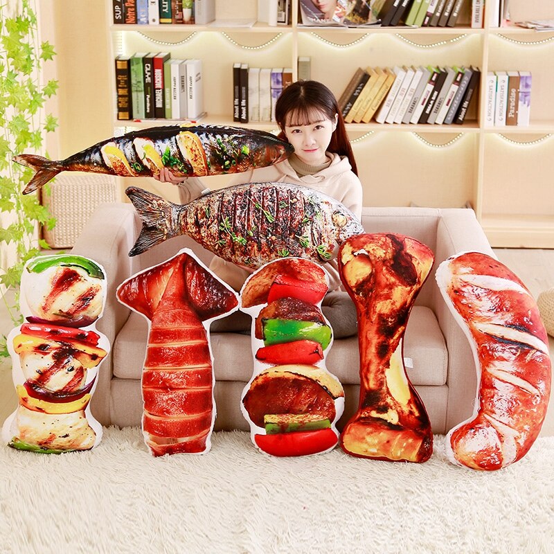 Barbecue cuit au four simulé en peluche jouet en peluche jardin Barbecue décor nourriture en peluche oreiller enfants saucisse calmar Saury jaune Croaker os jouet