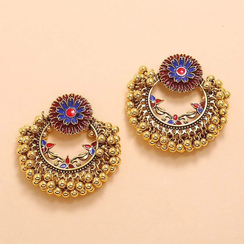 Ins Antique Gold Handmade Beads Enamel Blue Flower Indian Jhumki Jhumka Nepal Earrings Bohemia Party Jewelry: Default Title