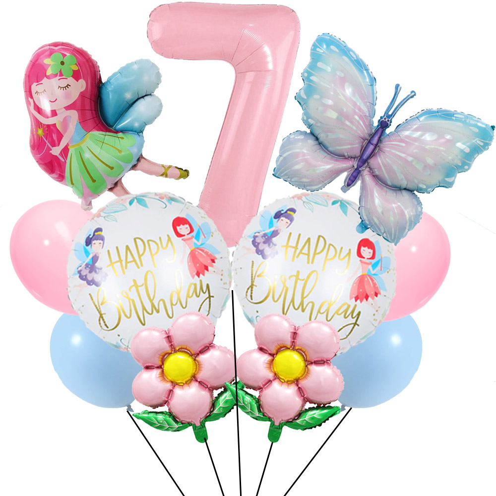 Juego de globos de hadas y flores, globos de mariposa, decoraciones de 1 a 9 cumpleaños para niñas, suministros de decoración para de cumpleaños con tema de mariposa