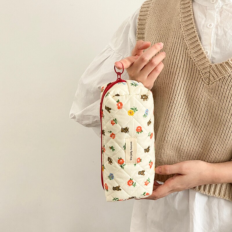 Qulited Katoen Bloem Cosmetische Tas Rits Make-Up Cosmetische Organizer Pouch Rugzak Insert Bag Beauty Clutch Potlood Gevallen