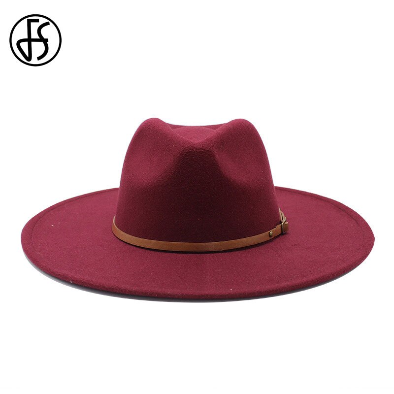 Fs stor imiteret uld fedora hat kvinder mænd filthuer med metal kæde dekor hvid panama trilby cowboy jazz cap chapeau sombrero: Rødvin