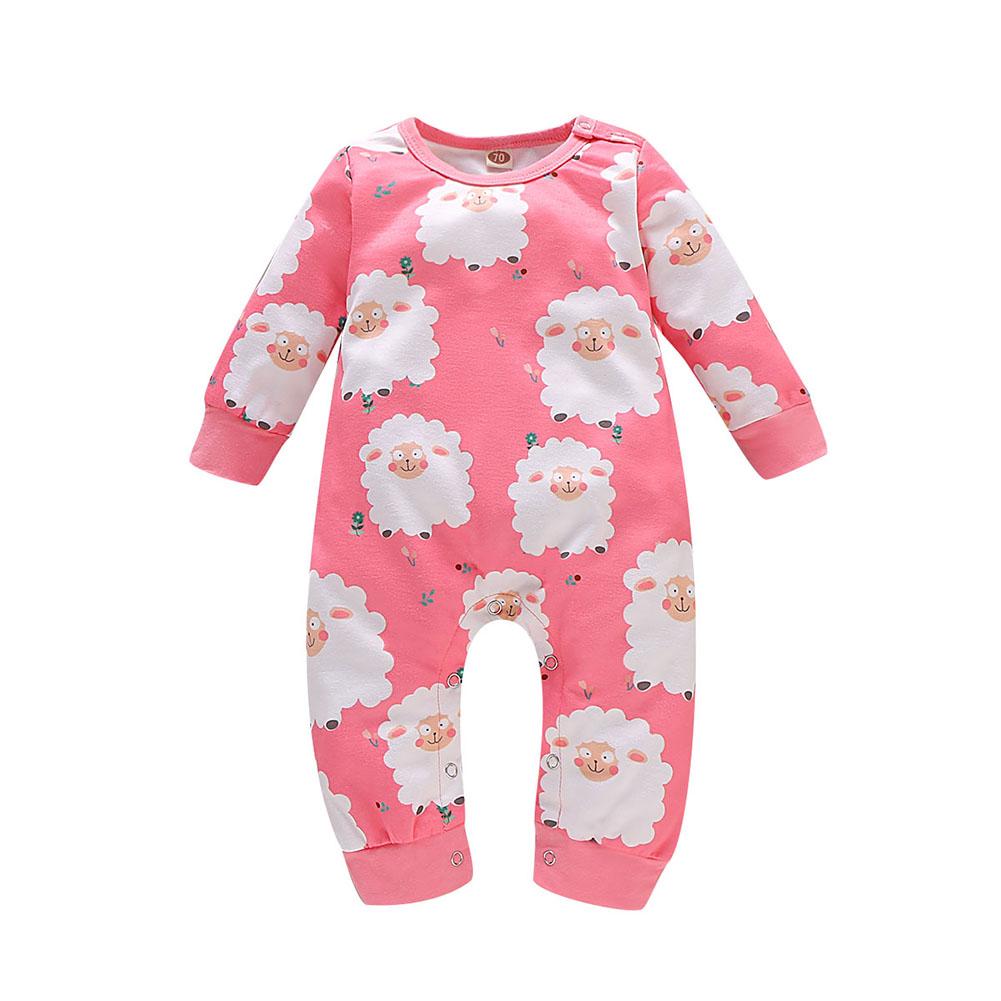 Mooie Katoen Peuter Baby Jumpsuits Ronde Kraag Lange Mouw Cartoon Dieren Planten Print Jongens Meisjes Sunsuit Casual Homewear: Roze / 6m