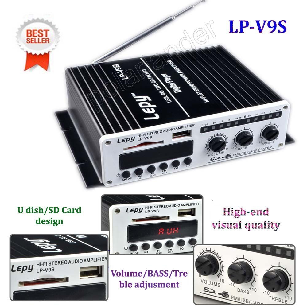 Lepy V9S 12 v auto auto voertuig stereo eindversterker 15WX2 USB CD SD DVD FM MP3 digitale speler Hi-Fi stereo eindversterker