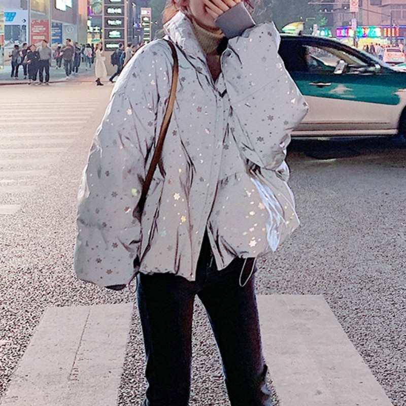 Kort stil parkaer trendy blank sølv chic vinter dame outwear harajuku studerende oversize jakker match streetwear 5xl