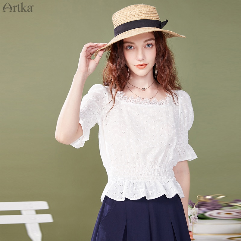 NOVEDAD DE VERANO , ARTKA, blusa para mujer, camisa con cuello cuadrado Vintage francés, blusa blanca ahuecada de algodón puro SA25200X