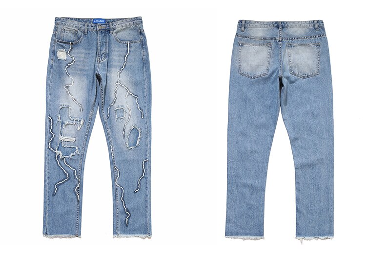 Mænd hofte hofte revet hul syet jeans lynlås denim bukser harajuku streetwear efterår bomuldsbukser bytøj: M