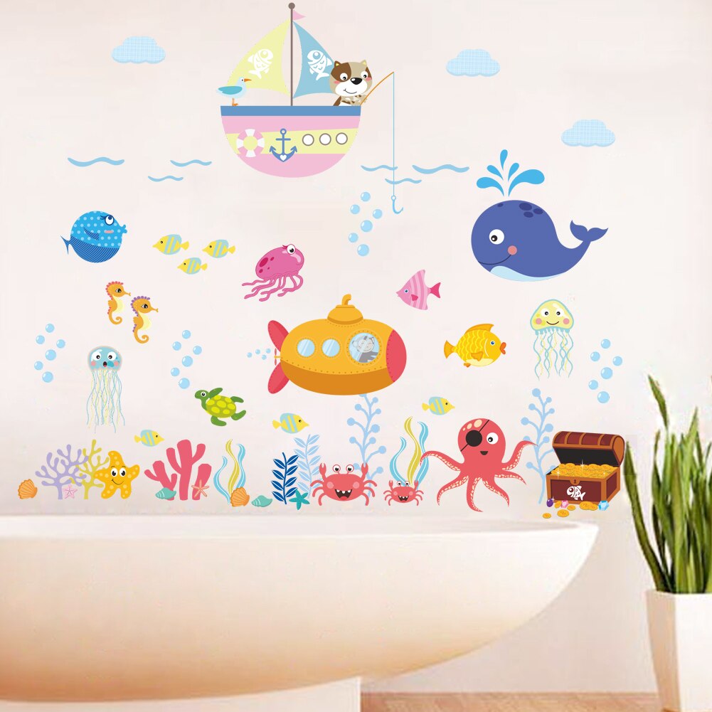 Muursticker met een cartoon-muursticker van een puppy die aan boord vist, voor de kinderkamer, badkamer, huisdecoratie, kinderkamer, kwarto-stickers, poster.
