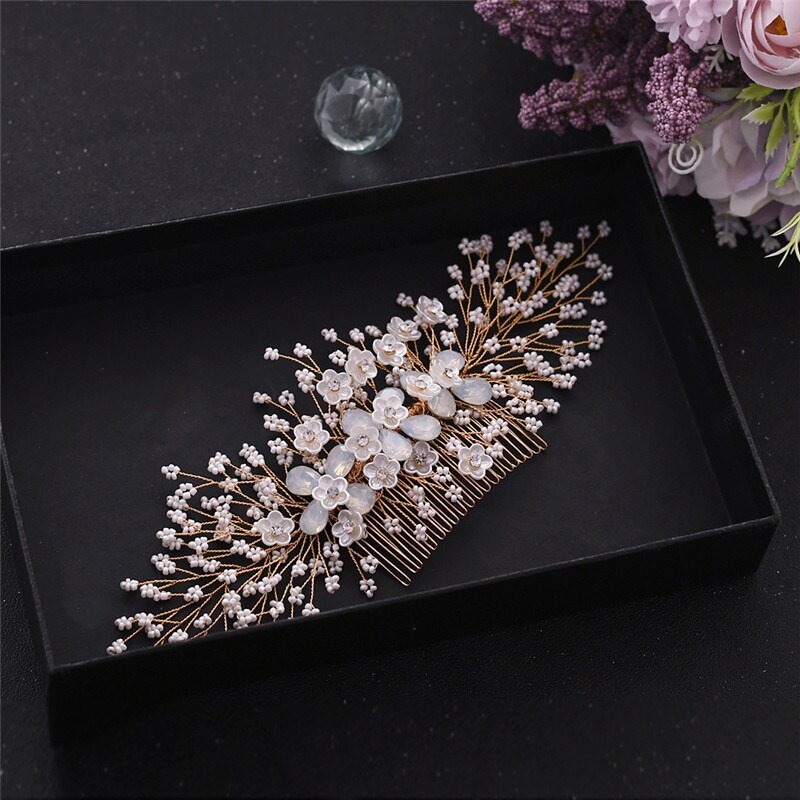 Topqueen  hp279 bloemen haarkam kralen haarkam bruiloft gouden zilveren haarkam juweel haarspeld bruids haarsieraden bruids tiara: Gouden