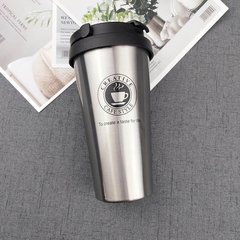 500ML Coffee Mug 304 Stainless Steel Travel Mug Double Wall Vacuum Insulated Tumbler Wide Mouth Tea Cup with Lid: Silver