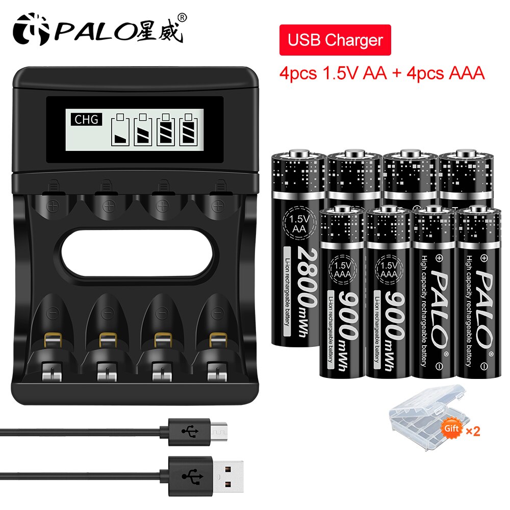 Batterie lithium-ion rechargeable, 1.5V, 2800 mWh, 1.5V, pour télécommande, souris, petit ventilateur, jouet électrique: 4AA4AAA and charger