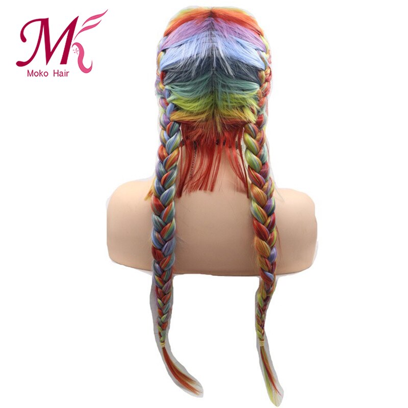 Moko Hair-peluca arcoíris trenzada de colores, peluca con malla frontal Rubia de parte media con pelo Natural, pelucas con doble Trenza para mujeres negras
