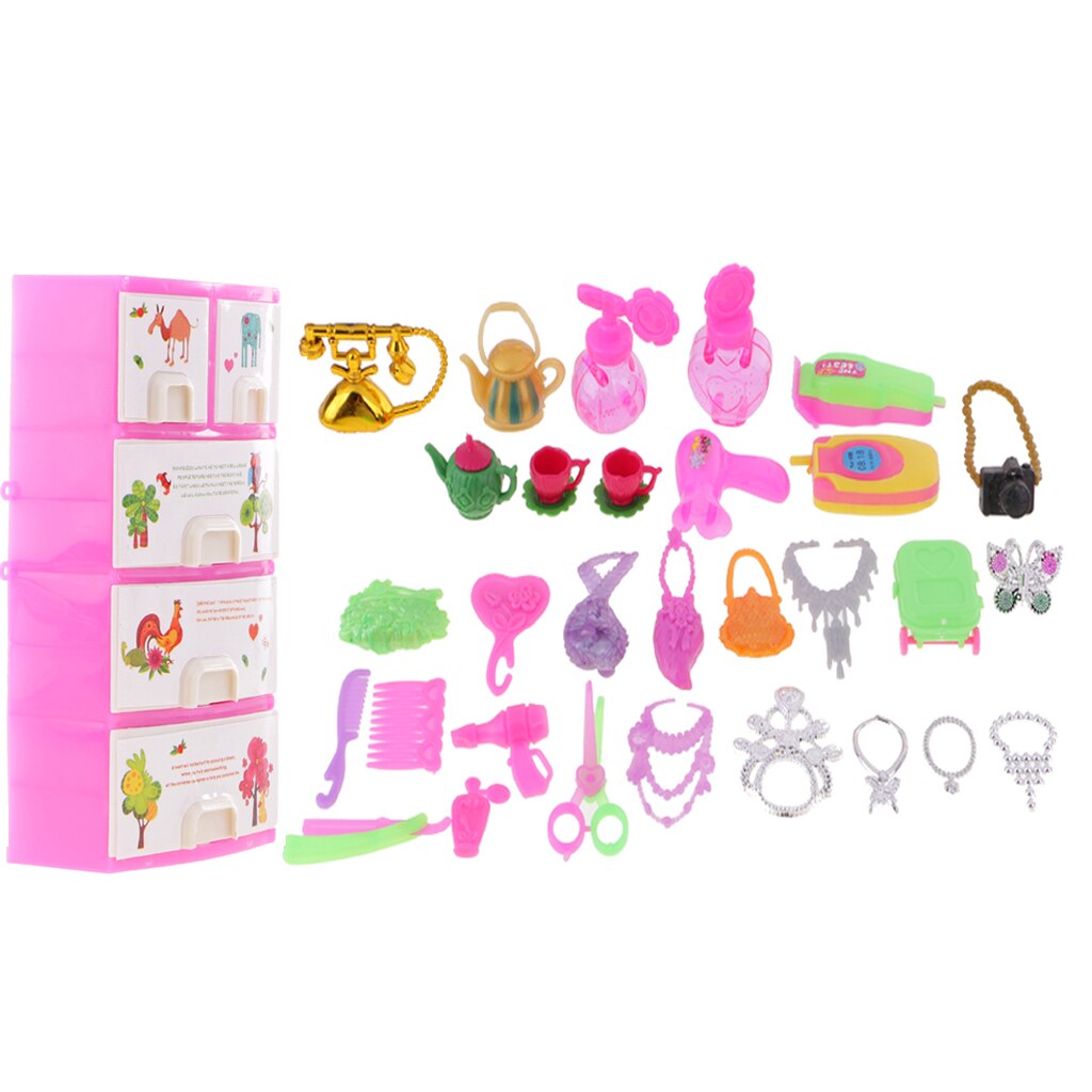31 pieces/Set Dolls Storage Cabinet Makeup Tea Set Dress Up Doll House Accs