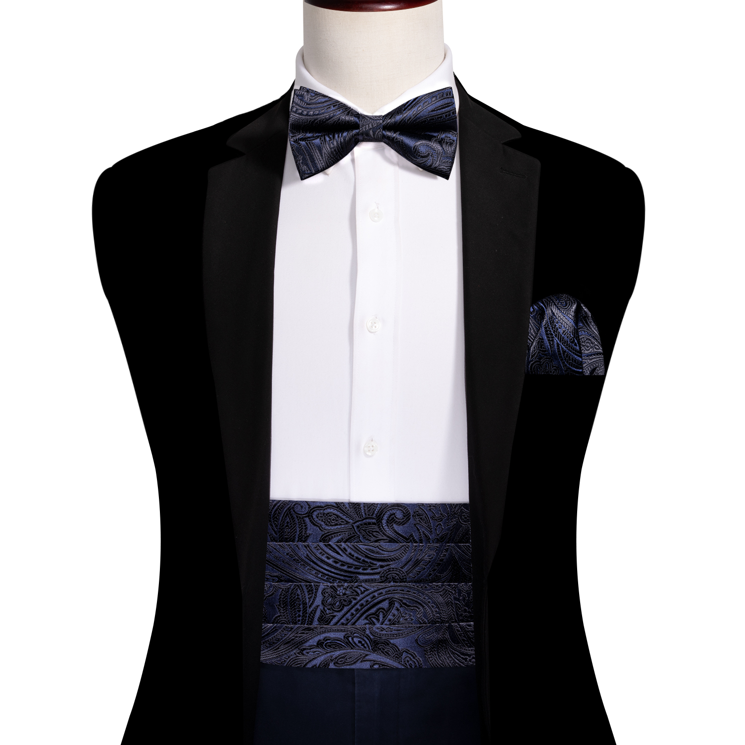 Navy Blue Cummerbund Men Silk Bowtie Pocket Square Cufflinks Sets Classic Paisley Male Accessories Wedding Party Barry.Wang 1031: GRAY