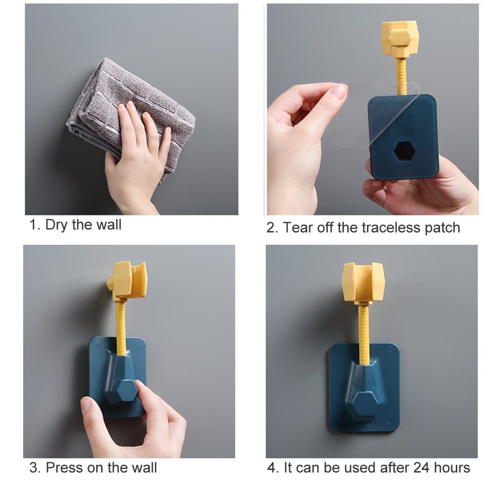 360° Shower Head Holder Adjustable Self-Adhesive Showerhead Bracket Wall Mount With 2 Hooks Stand SPA Bathroom Universal ABS 1pc