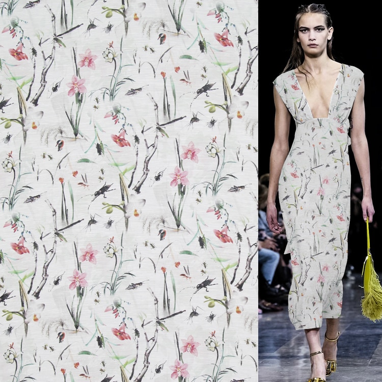 Animal and plant insects print silk linen blended fabric 14momme,SLN159