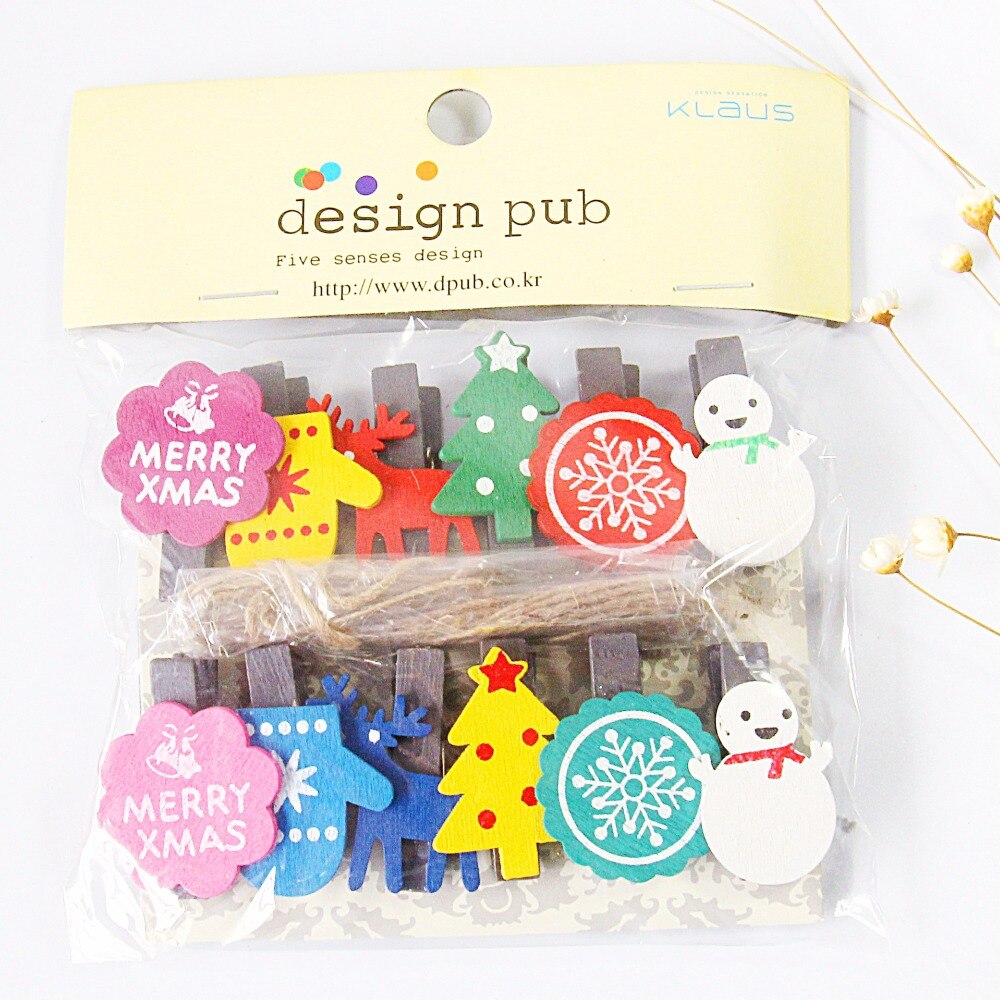 12 pcs/lot Christmas Series Wooden Clip Photo paper Clothespin Craft Clips Party Decoration Clip with Hemp Rope
