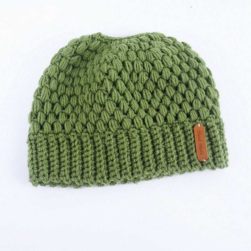 Kvinder piger stretch strik hat rodet høj bolle hestehale beanie varm hul heste hestehale stretchy strik hæklet kraniet cap: B