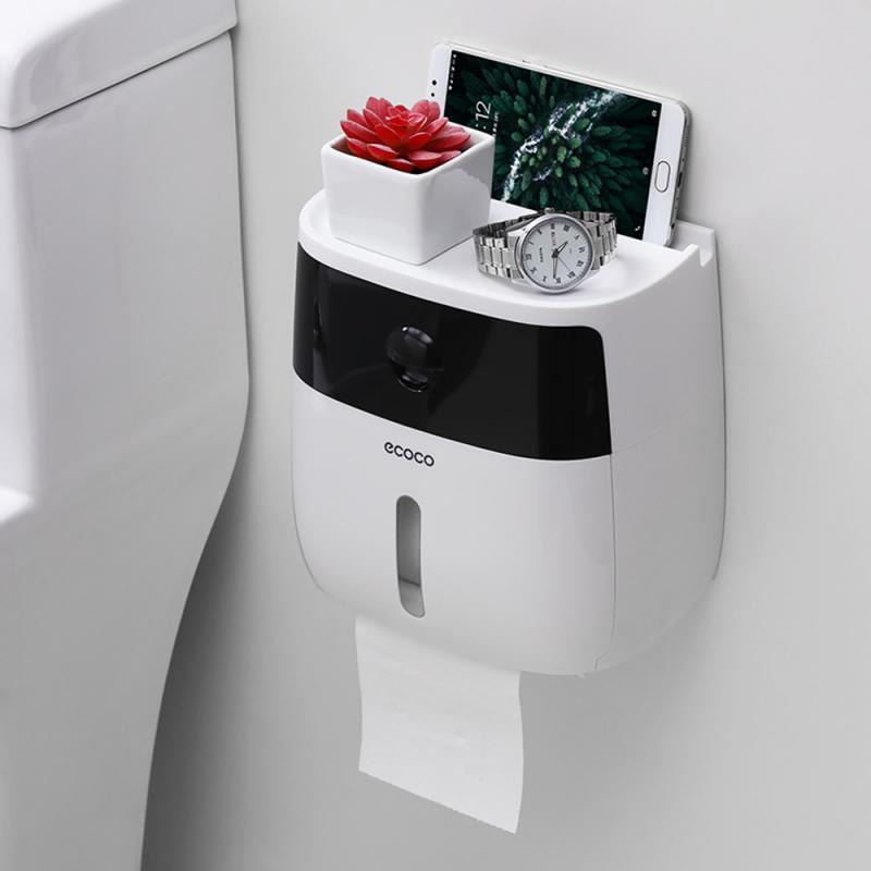 Wc toiletpapirholder vægmonteret toiletpapir bakke rulle med hylde badeværelse arrangør plast tissuekasse rulle papirrør: Sort