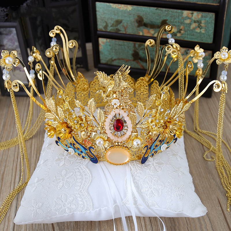 Forseven Chinese Bruid Bridal Wedding Haar Sieraden Sets China Goud Phoenix Bloem Tiara Kroon Met Kwasten Dangle Oorbellen