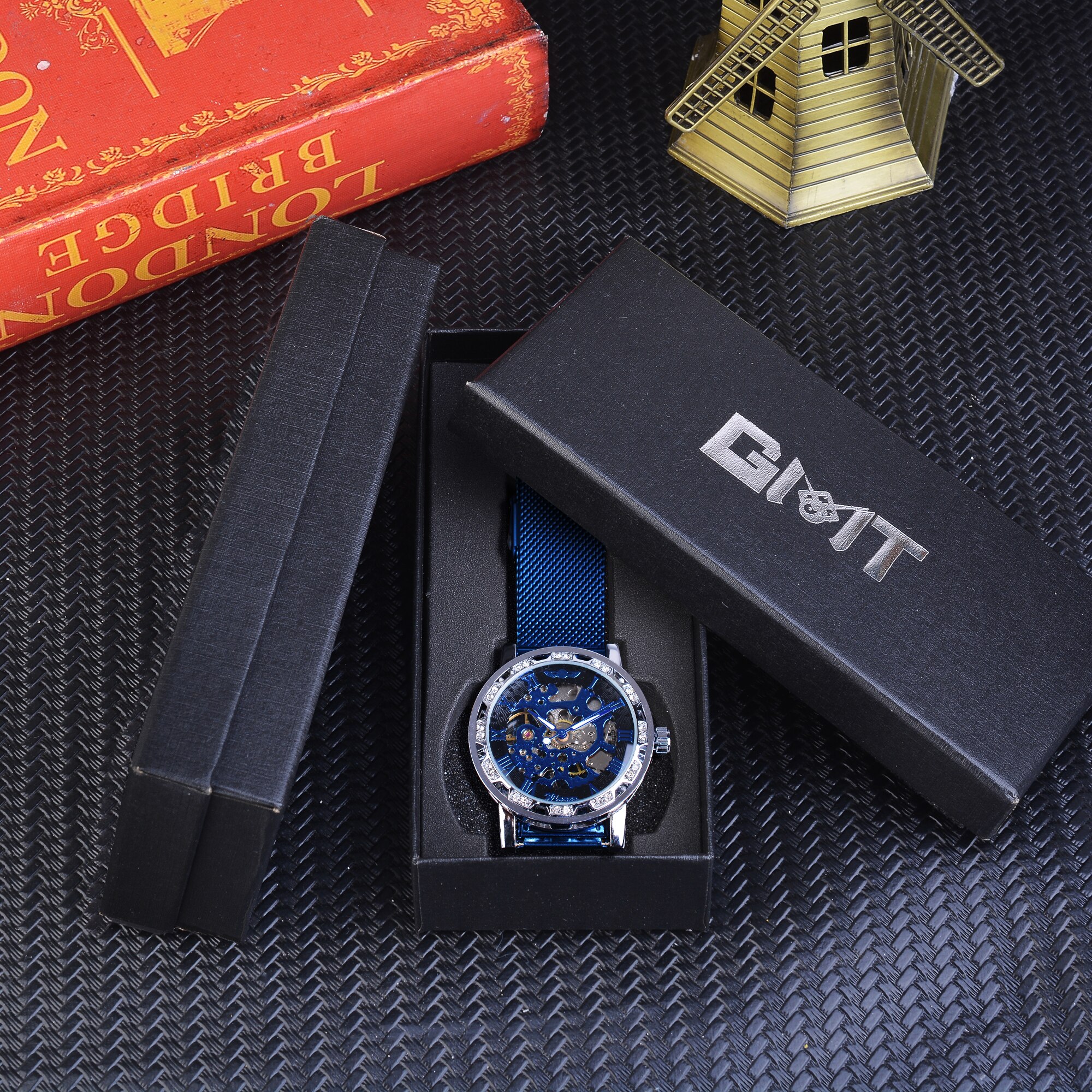 Winnaar Diamond Display Mannen Business Klok Blauw Staal Mechanische Classic Royal Versnelling Beweging Mechanische Skeleton Horloge