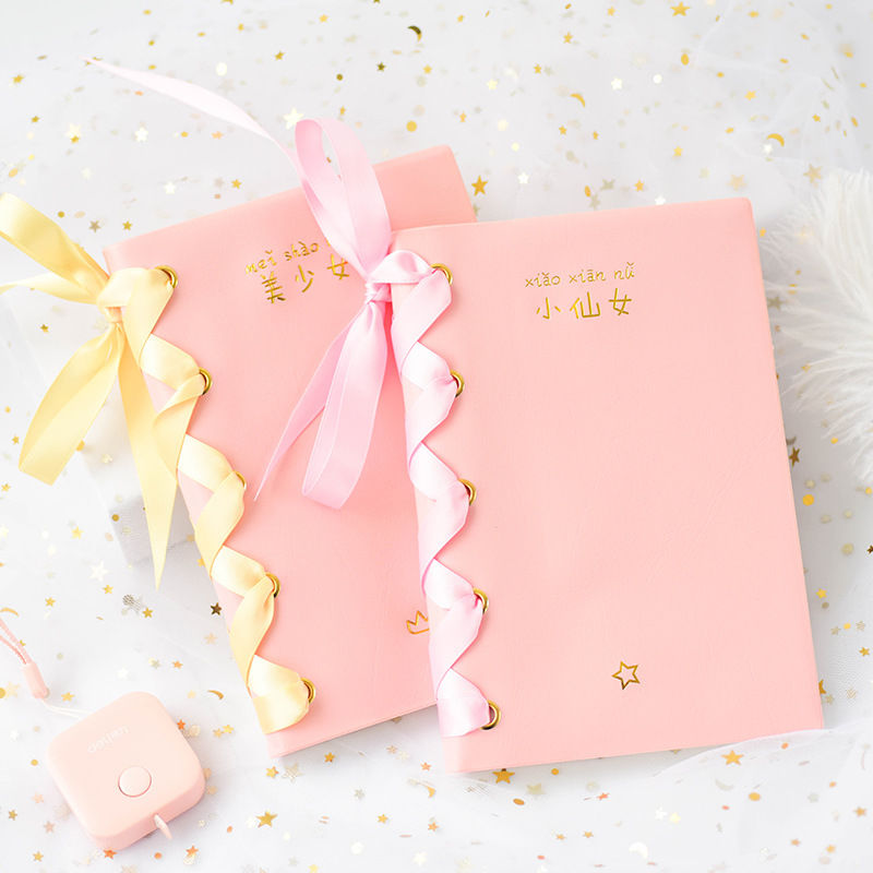 Pink small fresh notebook cute girl heart ribbon diy strap hand ledger stationery notebook 104 sheets time management planner