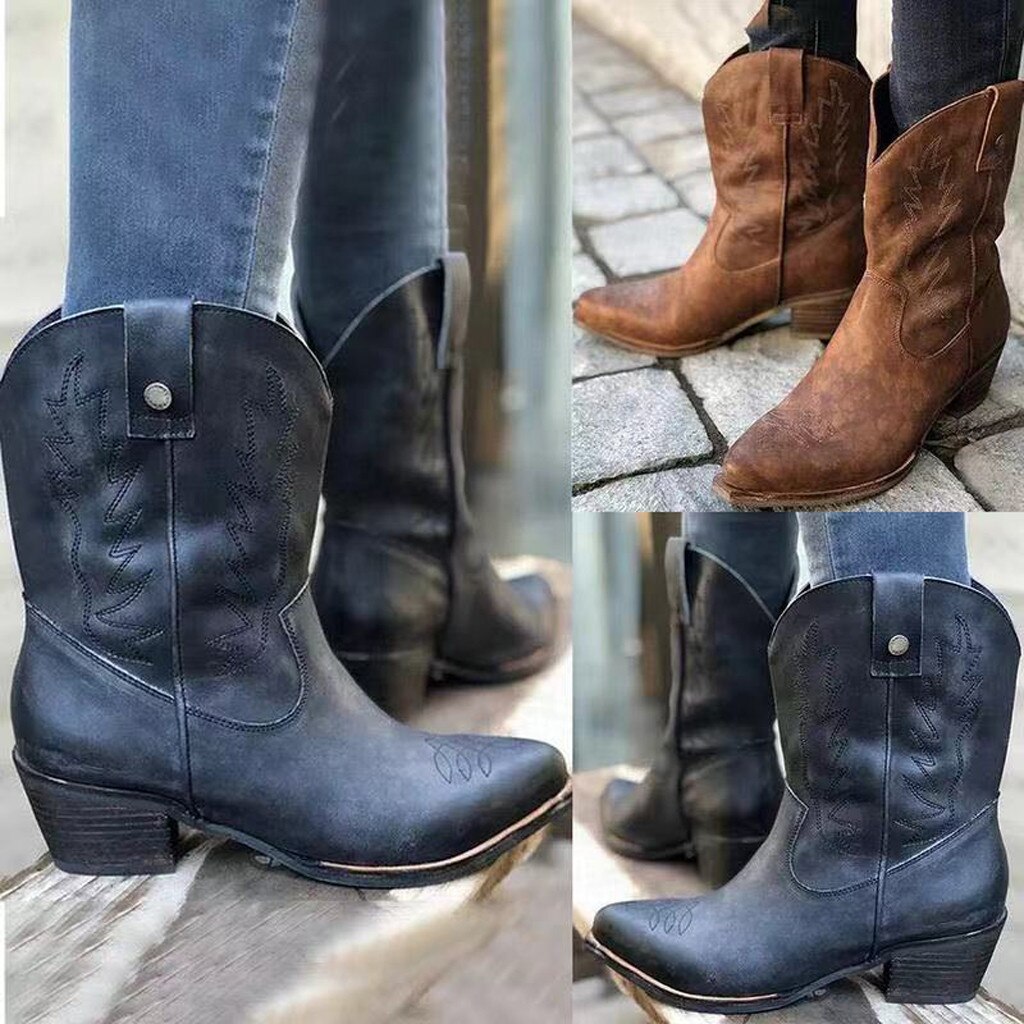 Vinterstøvler kvinner semsket skinn kalv imitert slip-on skinn støvler med rund tå dame lavhælte sko cowboy ridder boots #3