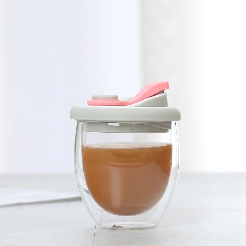 Tasse en verre à Double paroi anti-fuite, avec couvercle hermétique en Gel de silice, isolée, pour café, jus, en forme d'œuf, transparente: pink450ml