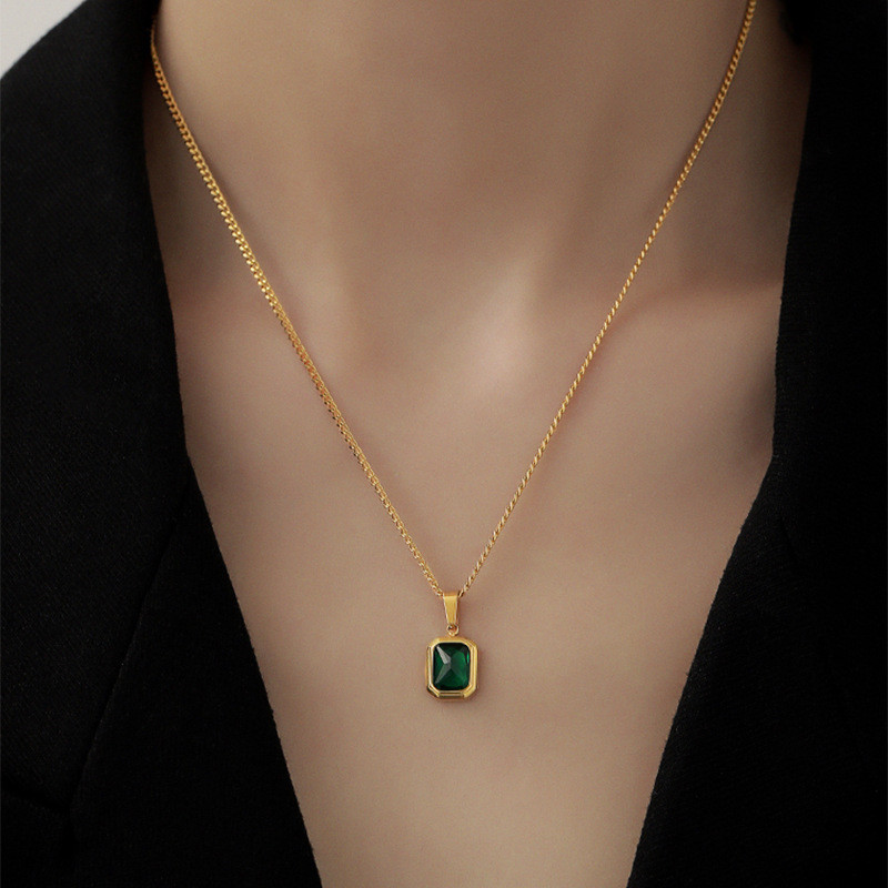 Collar con colgante de circón verde cuadrado Retro a la para mujer, collar con dijes para niñas, de joyería de compromiso de boda