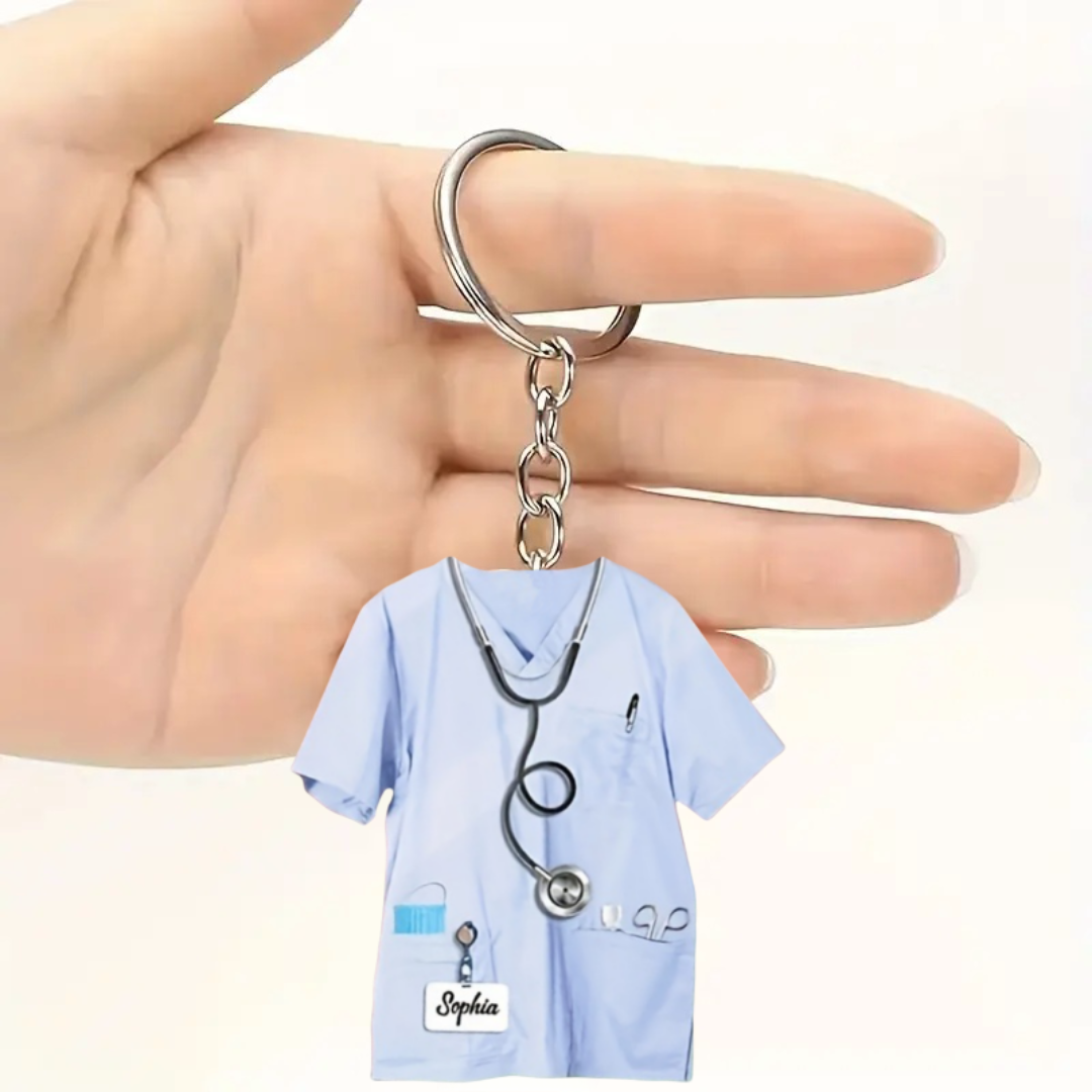 Sygeplejerskeuniform nøglering vedhæng, sygeplejersketøj 2d flade akryl ornament charms, hængende dekoration til bil, taske, festlig, fest: Lyseblå