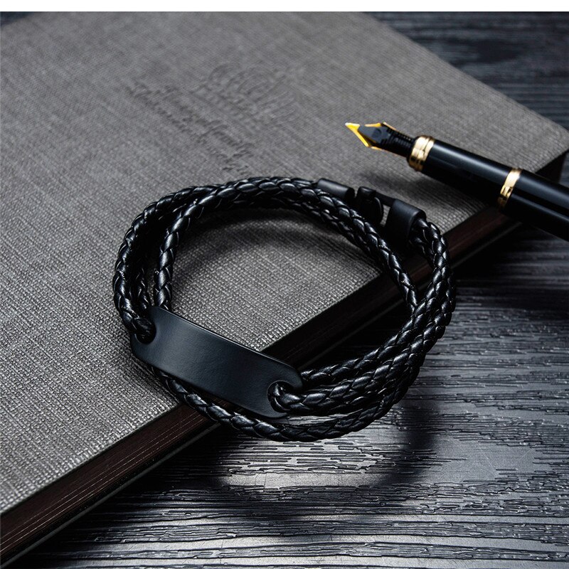 Zorcvens Zwart Lederen Armband Rvs Multi Layer Gevlochten Touw Chain Polsband Vintage Armband Voor Man